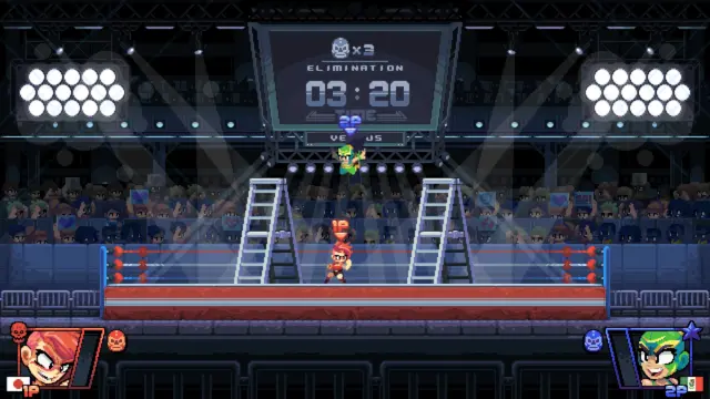The High Flyer diving onto The Striker in a ladder match