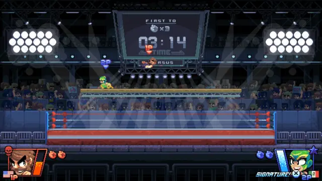 The High Flyer and The Brawler fighting in a platform match